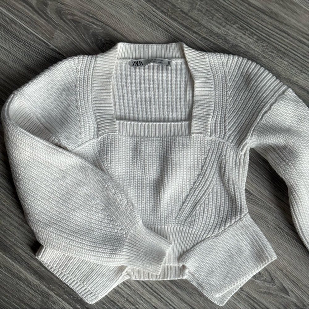 Zara White Ribbed Knit Square Neck Illusion Sweater Top S